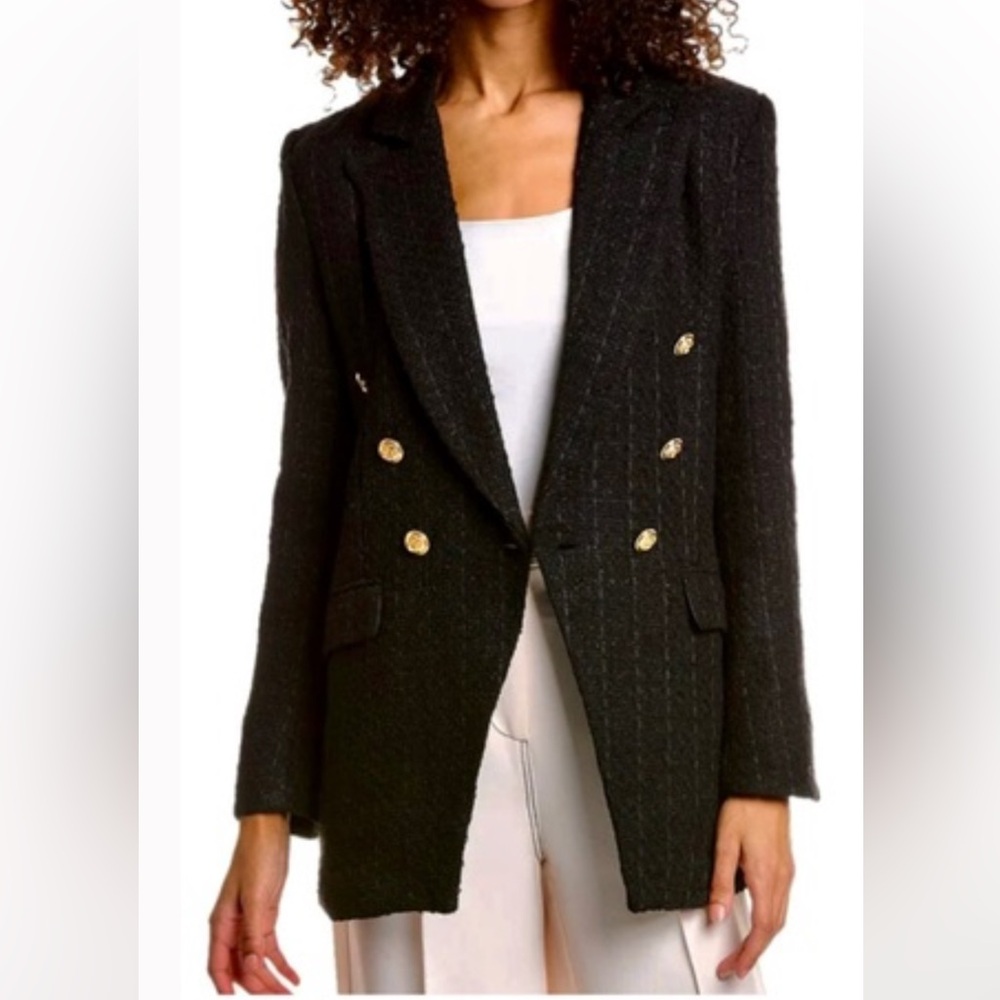 JASON WU Tweed Double Breasted Blazer Coat Black Gold Tone Button
